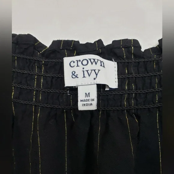 Crown & Ivy Black Blouse with Gold Shimmer Subtle Stripes Size Medium - Picture 3 of 7